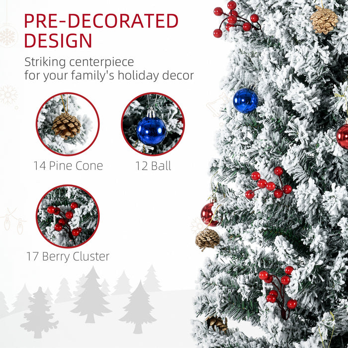 Artificial Prelit Christmas Tree, 7.5 Ft - Warm White LED Lights, Flocked Tips, Adorned with Berries and Pine Cones - Festive Holiday Decoration for Home