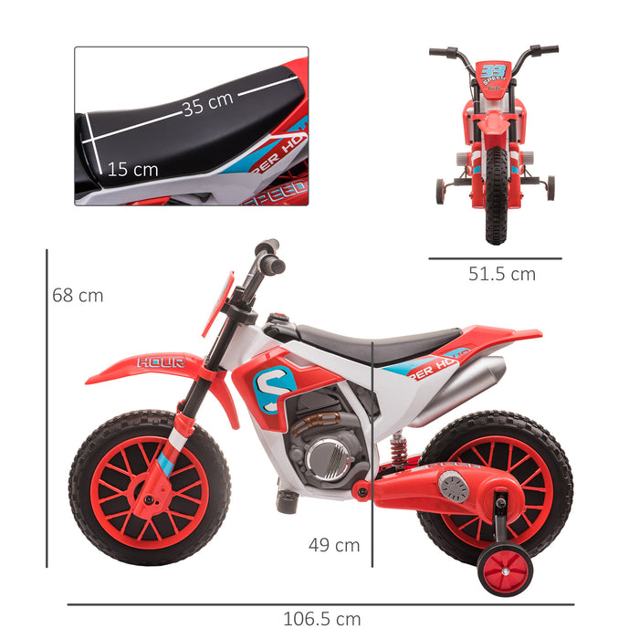 Kids 12V Electric Motorcycle Ride-On with Support Training Wheels - Durable Battery-Powered Bike for Children 3-6 Years - Safe Outdoor Play and Motor Skills Development, Red