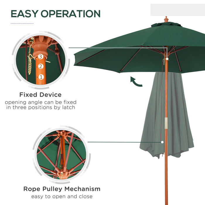 2.5m Wood Garden Parasol - Sun Shade Patio & Outdoor Market Umbrella with Ventilated Canopy, Dark Green - Ideal for Comfortable Outdoor Relaxation