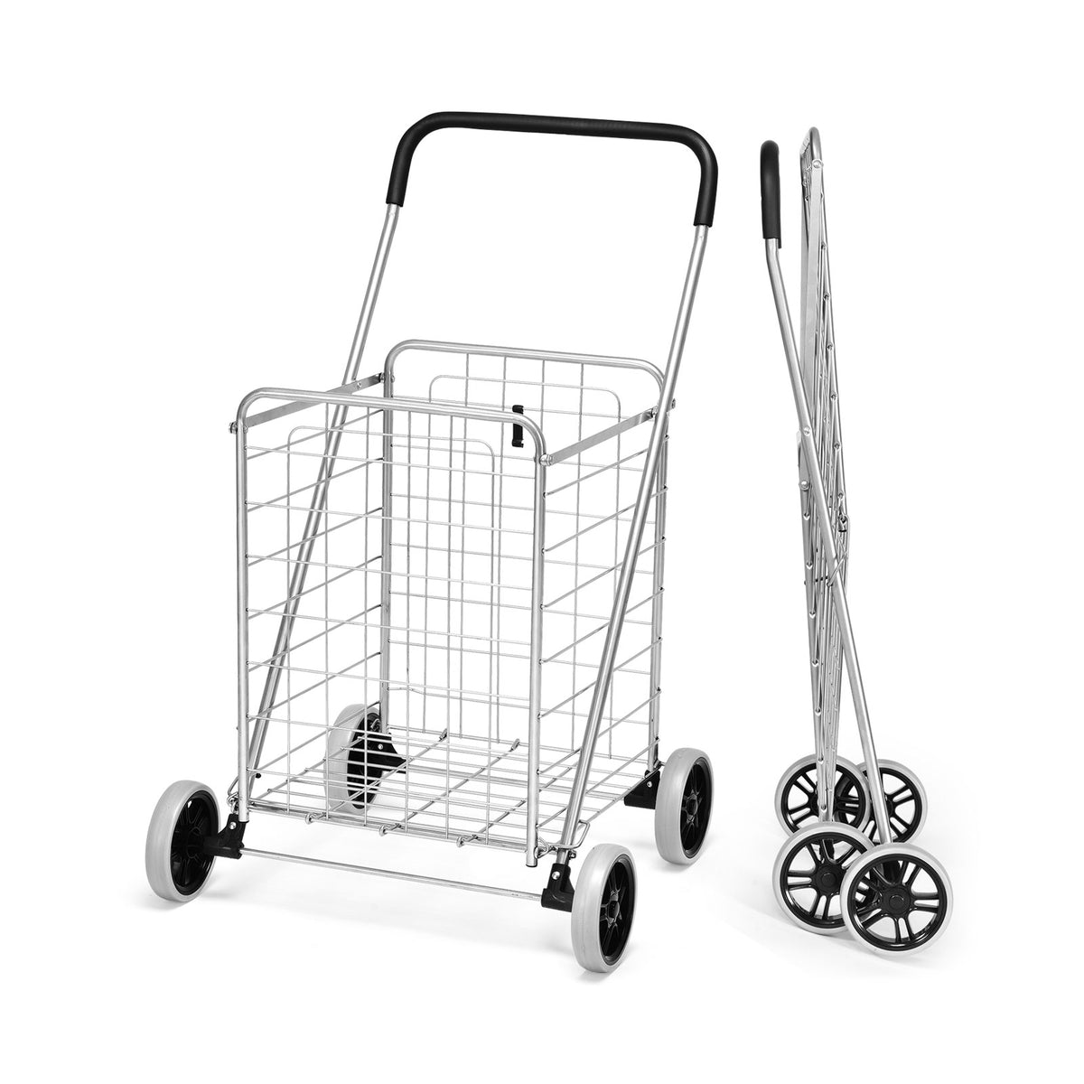 Heavy Duty Folding Shopping Cart - 83L Metal Basket, Black Finish - Ideal for Groceries and General Shopping Needs