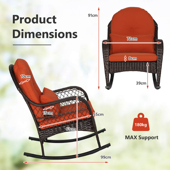 Rattan Patio Rocking Chair - With Seat Back Cushions and Waist Pillow, Sturdy, Comfortable Design - Perfect for Outdoor Relaxation, Solves Back Support Issues