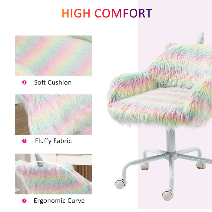 Unicorn Height Adjustable Fluffy Office Chair - Ergonomic Desk Seating with Armrests and Swivel Wheels - Colorful Chair for Comfortable Home Office Setup