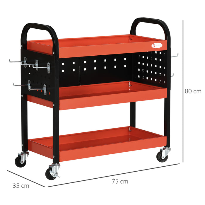 3-Tier Shelf Tool Cart with Wheels - Heavy-Duty Storage Trolley for Garage Workshop, Warehouse DIY, Includes 10 Hooks, 100kg Capacity - Red Organizer for Professionals and Hobbyists