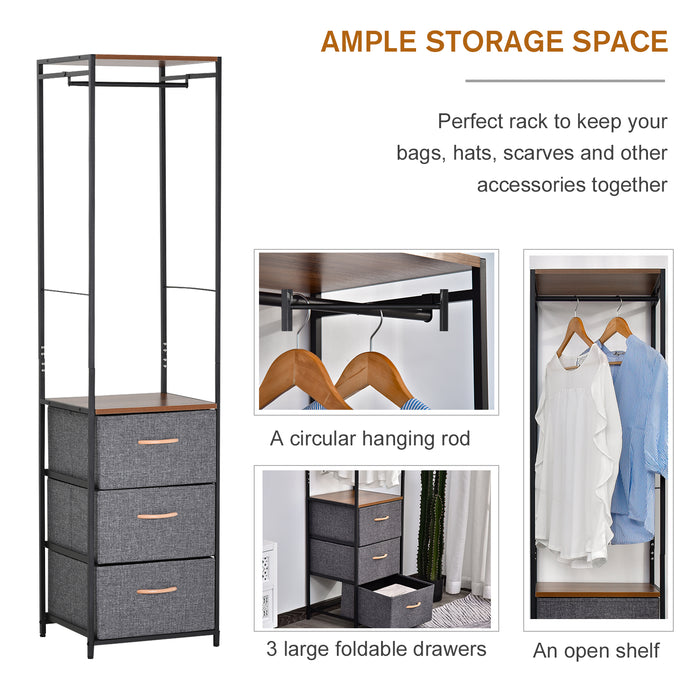 3-Drawer Chest with Coat Rack - Steel Frame & Black Brown Finish for Bedroom or Hallway - Space-Saving Organizational Furniture