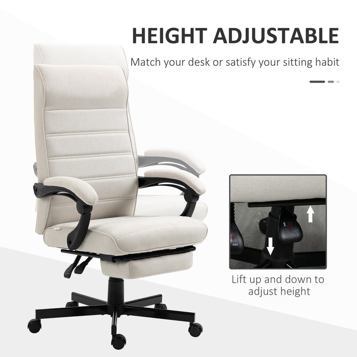 High-Back Linen Executive Chair - Swivel & Reclining Office Furniture with Adjustable Height and Footrest - Comfortable Padded Armrests for Home or Work Spaces in Cream White