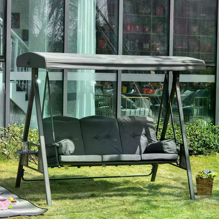 3-Seater Garden Swing Chair - Adjustable Canopy Outdoor Hammock Bench with Cushions & Cup Trays, Steel Frame in Dark Grey - Perfect for Patio Relaxation and Entertainment