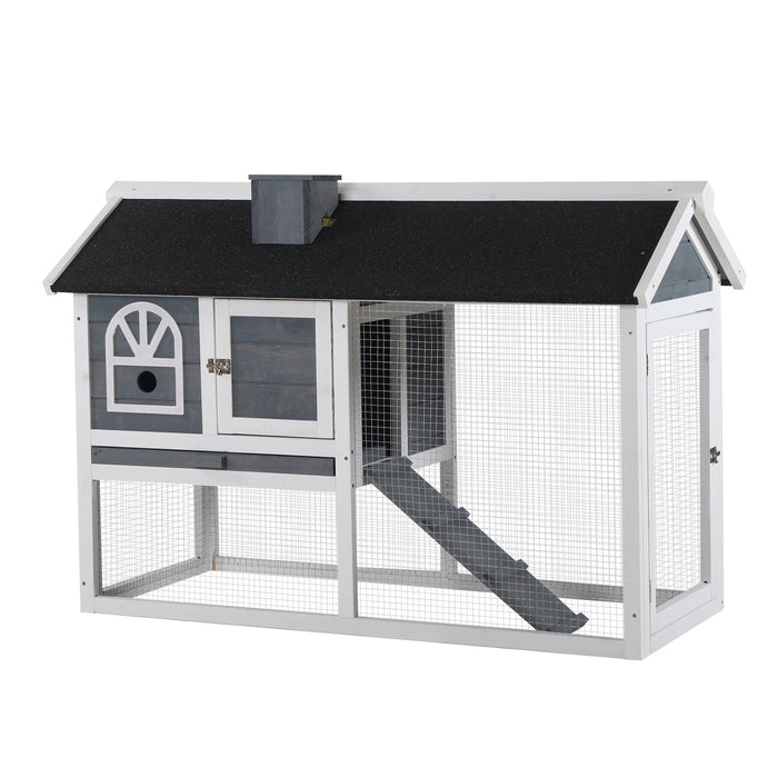 Wooden Rabbit Hutch and Guinea Pig Cage - Outdoor/Indoor Shelter with Pull Out Tray, Run Box, and Ramp - Ideal for Small Animals with Weatherproof Asphalt Roof in Grey