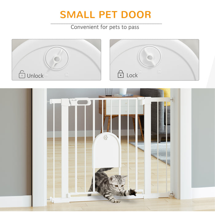 Easy-Install Pet Separation Gate - Dog Gate with Built-in Cat Door, Pressure Mounted, Automatic Closing & Double Locking System - Ideal for Doorways & Stairs, Fits 75-103 cm Openings, White