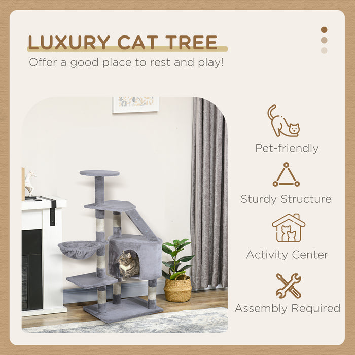 Cat Tree Scratching Post - Multi-Level Kitten Climb Activity Center with Play House - Ideal Pet Furniture for Play & Scratch for Cats (125cm, Grey)