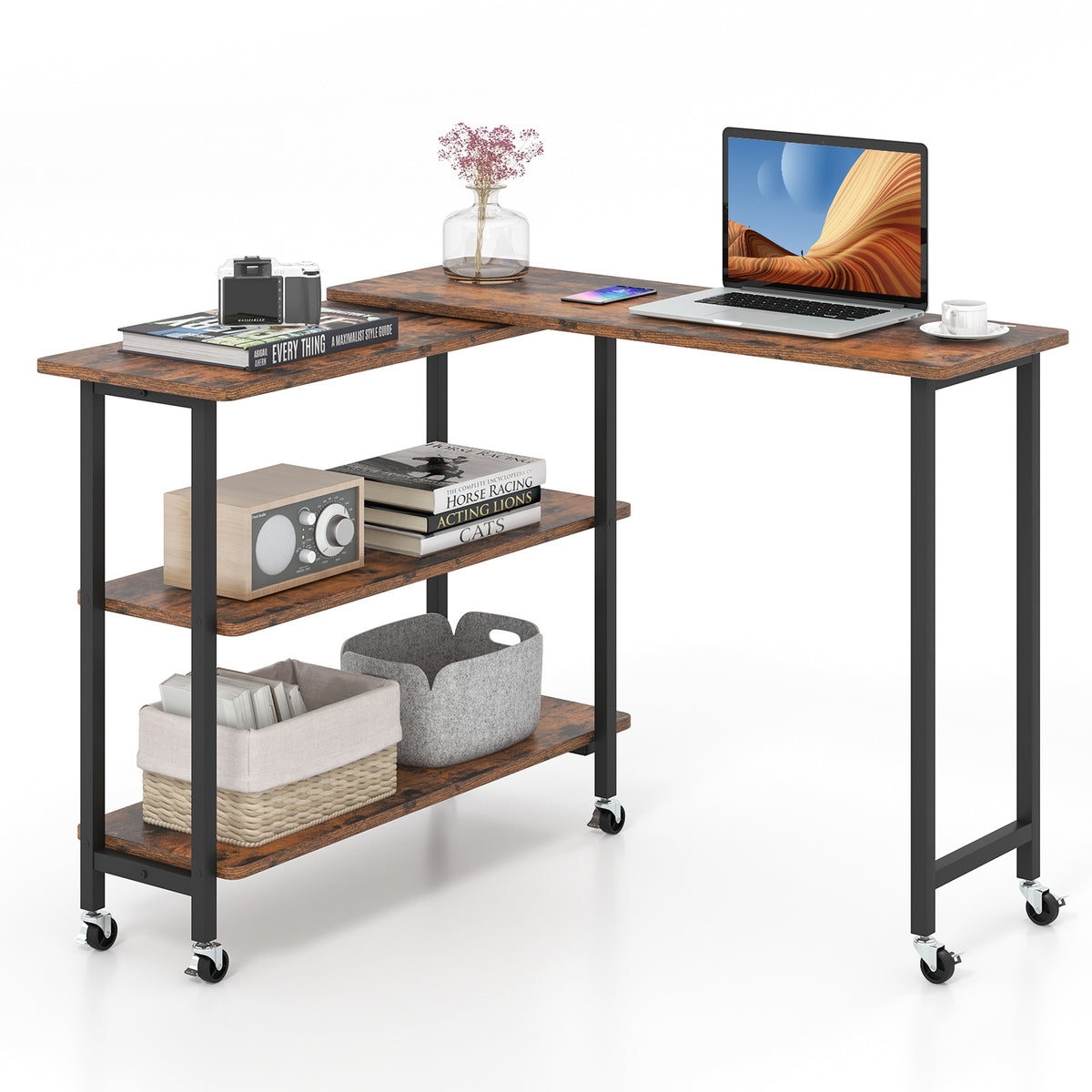 360° Rotating Side Table - Mobile End with 2-Tier Storage Shelves in Rustic Brown - Ideal for Sofa Side Use and Increased Storage Needs