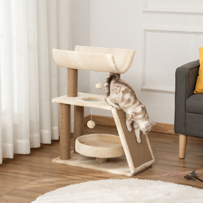 Cat Tower with Scratching Post - Multi-Level Kitten Playhouse with Bed, Toy Ball, and Perch - Perfect for Indoor Cats' Entertainment and Relaxation