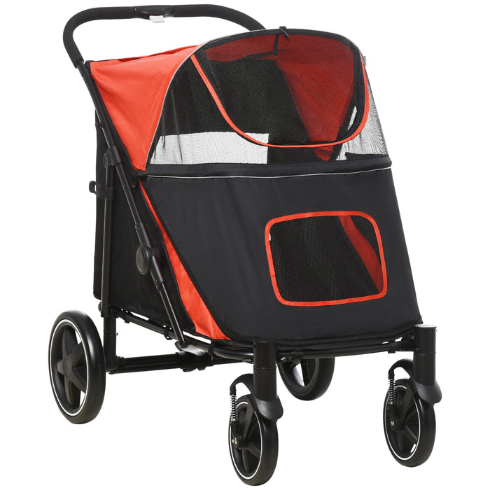 Red Pet Stroller with Shock Absorbing Universal Wheels - One-Click Folding Cat & Dog Carriage, Breathable Mesh Window, Brakes & Storage - Convenient Pet Travel & Comfort