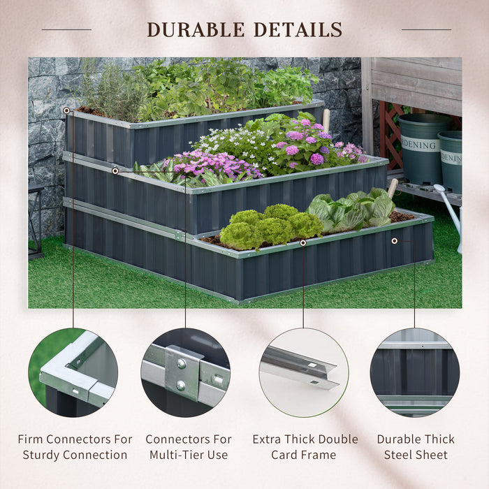 3-Tier Metal Elevated Garden Bed Kit - Raised Planter Box for Backyard and Patio Gardening - Includes Gloves for Growing Vegetables, Herbs, and Flowers
