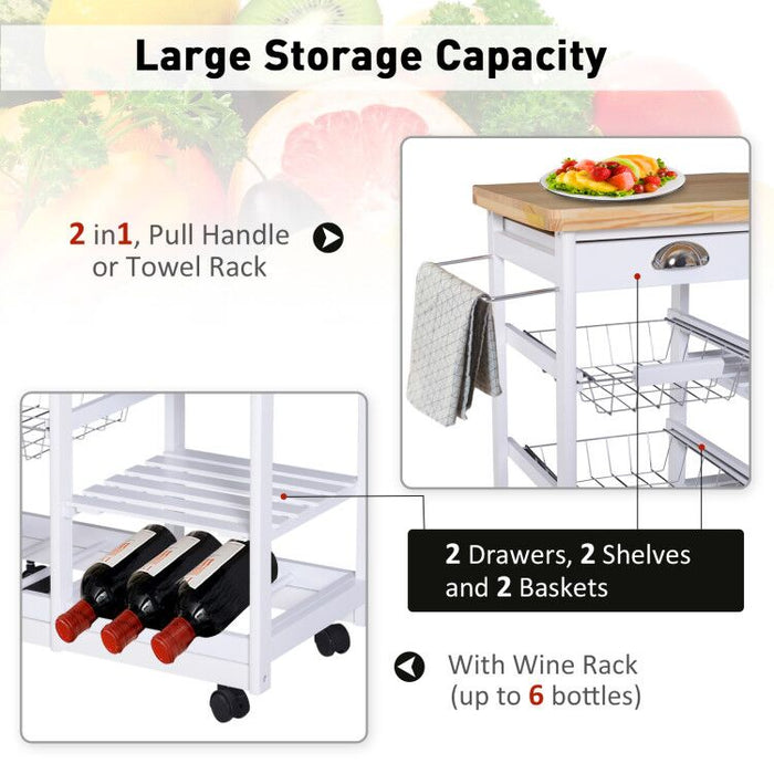 Kitchen Island Trolley Cart with Wine Rack - Rolling Storage Unit with Drawers, Shelves, and Basket on Wheels - Versatile Organizer for Home Chefs and Entertaining