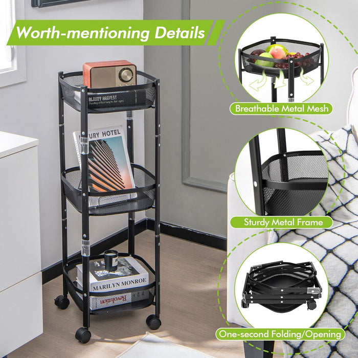 3-Tier Folding Metal Storage Trolley - Round/Square Utility Cart - Compact Solution for Organizing Home and Office Supplies