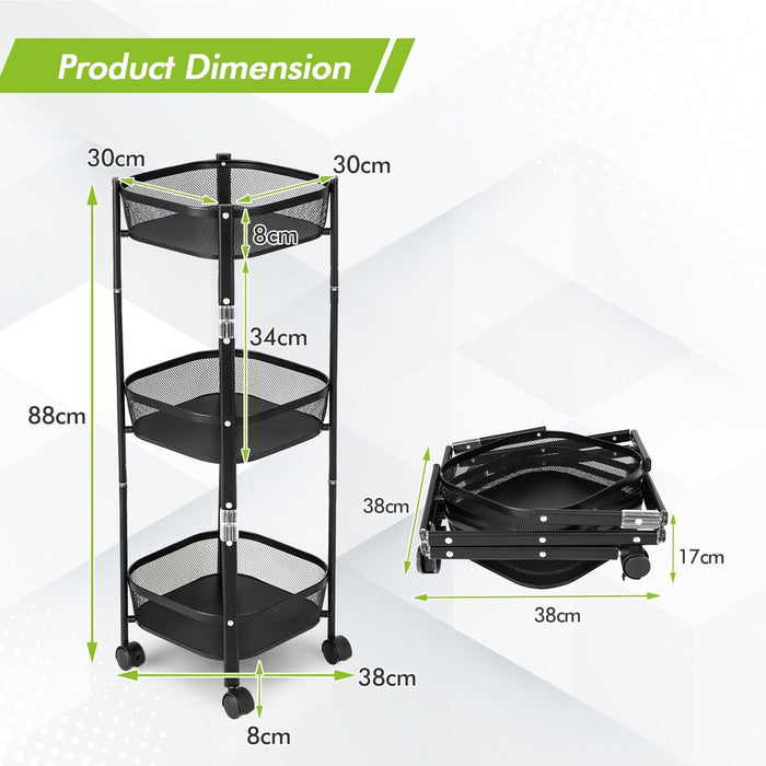 3-Tier Folding Metal Storage Trolley - Round/Square Shape, Easy to Store Design - Ideal for Efficient Space Utilization