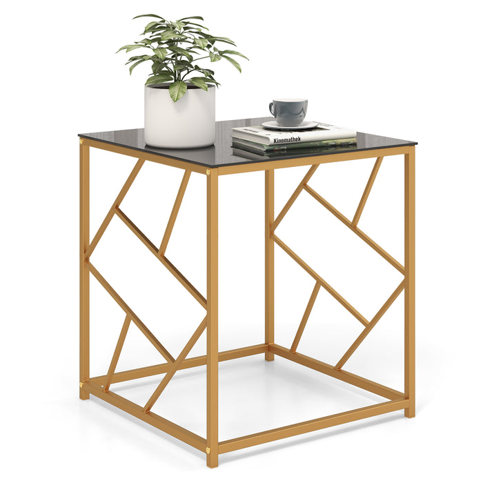 Square Table with Glass Top - Gold Finished Geometric Base, Contemporary White Side Table - Perfect for Modern Living Spaces and Accent Decorations