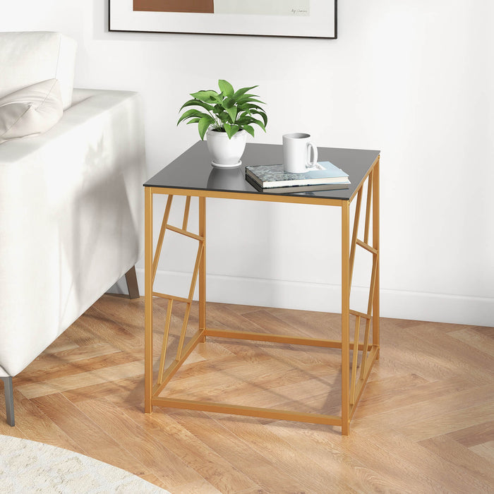 Square Table with Glass Top - Gold Finished Geometric Base, Contemporary White Side Table - Perfect for Modern Living Spaces and Accent Decorations