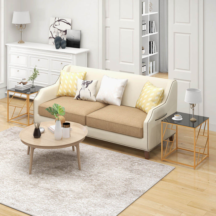 Square Table with Glass Top - Gold Finished Geometric Base, Contemporary White Side Table - Perfect for Modern Living Spaces and Accent Decorations