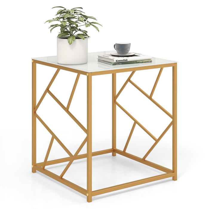 Square Table with Glass Top - Gold Finished Geometric Base, Contemporary White Side Table - Perfect for Modern Living Spaces and Accent Decorations