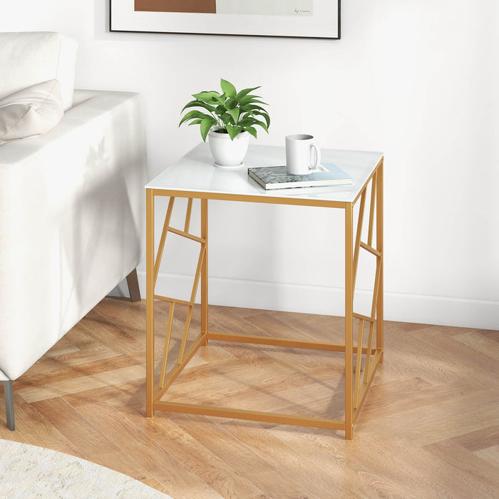 Square Table with Glass Top - Gold Finished Geometric Base, Contemporary White Side Table - Perfect for Modern Living Spaces and Accent Decorations