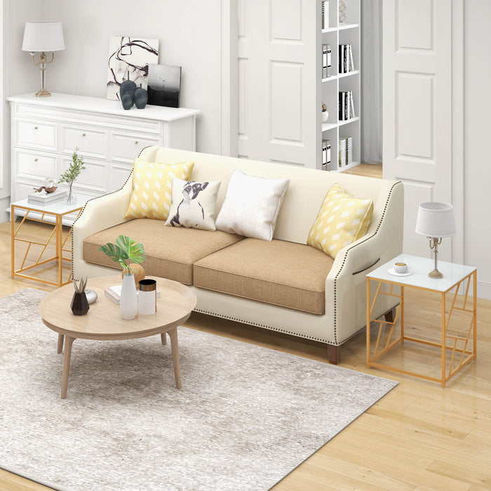 Square Table with Glass Top - Gold Finished Geometric Base, Contemporary White Side Table - Perfect for Modern Living Spaces and Accent Decorations