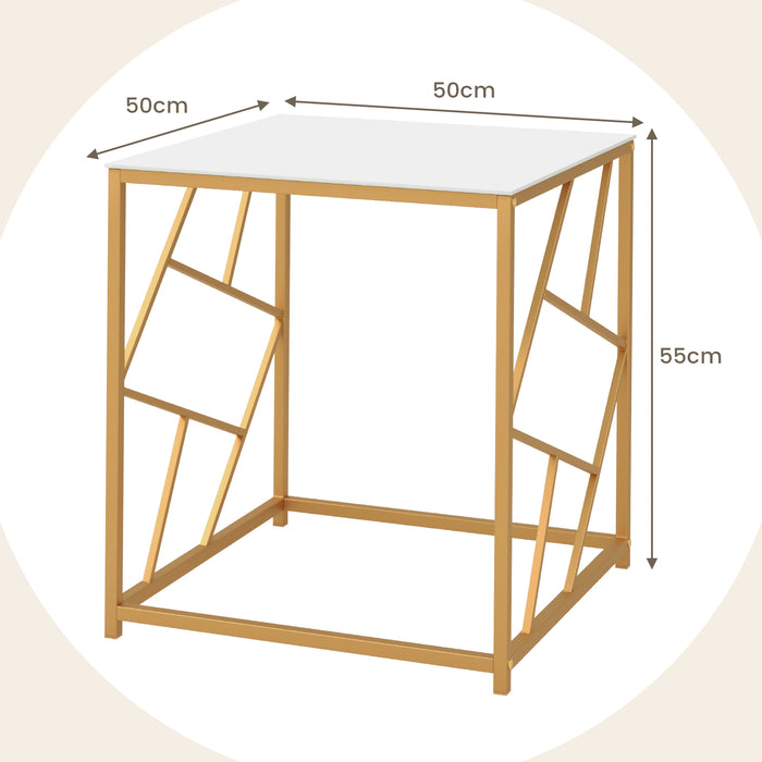 Square Table with Glass Top - Gold Finished Geometric Base, Contemporary White Side Table - Perfect for Modern Living Spaces and Accent Decorations