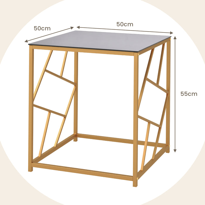 Square Table with Glass Top - Gold Finished Geometric Base, Contemporary White Side Table - Perfect for Modern Living Spaces and Accent Decorations