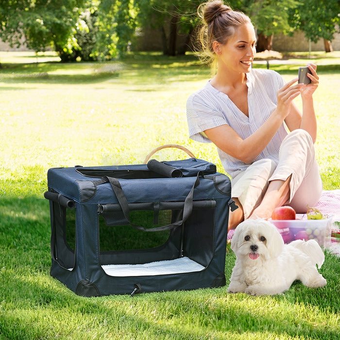 Portable Soft-Sided Pet Carrier - Folding Dog and Cat Travel Crate with Cushion, 60x41.5x41cm, Dark Blue - Ideal for Comfortable and Secure Pet Transport