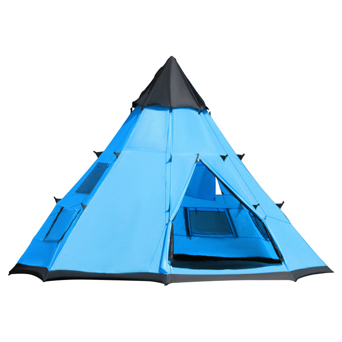 6-Person Tipi-Style Camping Tent - Family Teepee with Ventilated Mesh Windows and Zippered Door - Easy Assembly for Hiking, Picnics, and Overnight Adventures, Includes Carry Bag, Blue