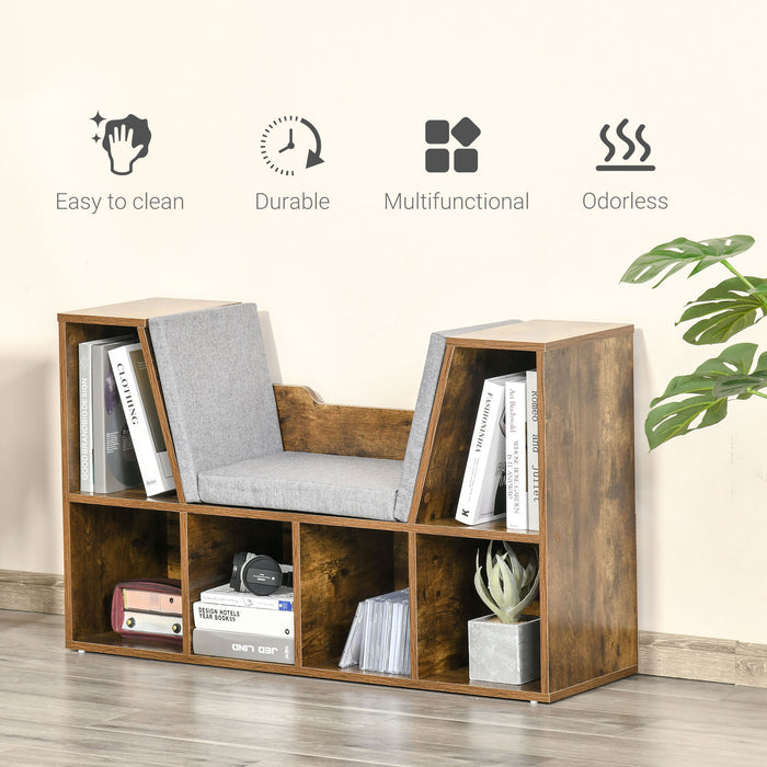 Storage Seat Bookcase - Cushioned Shelf Sideboard for Kids' Reading Nook - Rustic Brown Organizer for Bedroom and Living Room