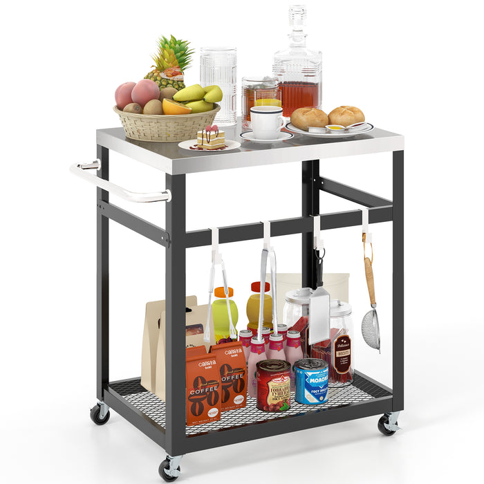 Stainless Steel 2-Tier Grill Cart - Mobile Barbecue Station with Wheels & Handle - Ideal for Outdoor Grilling Enthusiasts