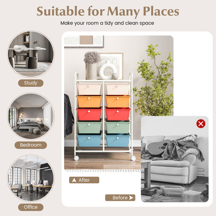 Rolling Storage Cart - 10-Drawer Organizer for Tools and Scrapbook Paper, Black - Perfect for DIY Crafts and Office Organising Tasks