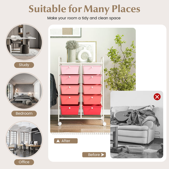 Rolling Storage Cart - 10-Drawer Organizer for Tools and Scrapbook Paper, Black - Perfect for DIY Crafts and Office Organising Tasks