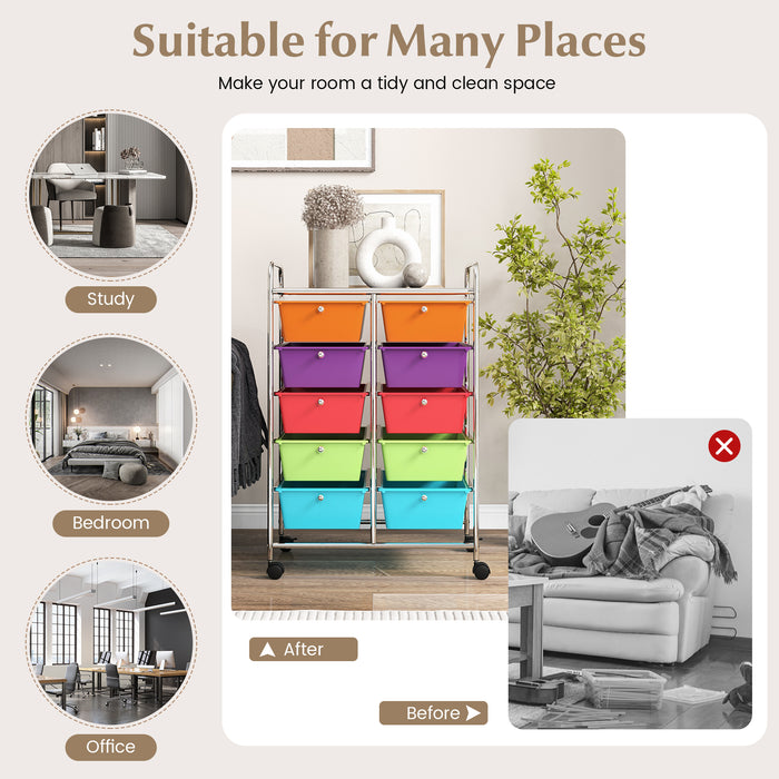 Rolling Storage Cart - 10-Drawer Organizer for Tools and Scrapbook Paper, Black - Perfect for DIY Crafts and Office Organising Tasks