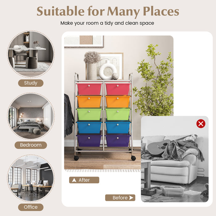 Rolling Storage Cart - 10-Drawer Organizer for Tools and Scrapbook Paper, Black - Perfect for DIY Crafts and Office Organising Tasks