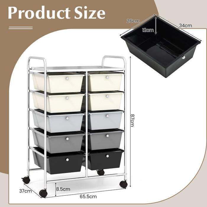 Rolling Storage Cart - 10-Drawer Organizer for Tools and Scrapbook Paper, Black - Perfect for DIY Crafts and Office Organising Tasks