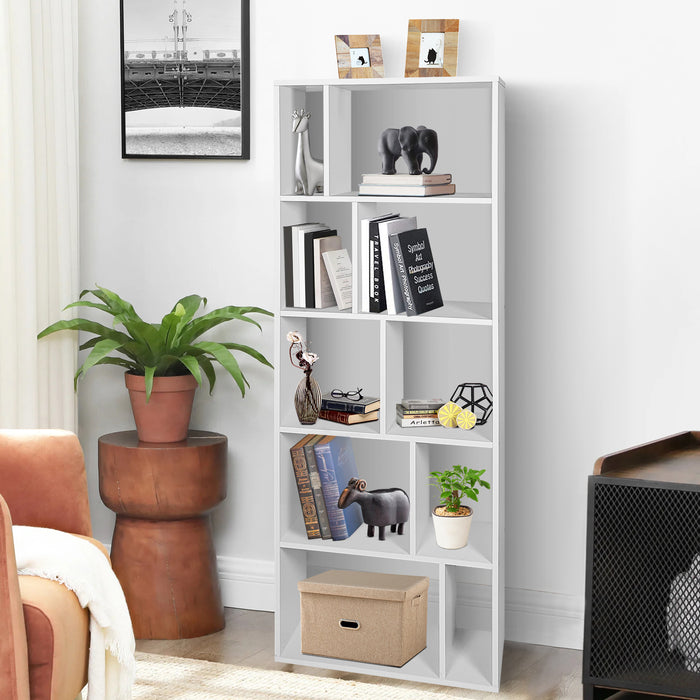 Wooden Bookshelf - With 10 Storage Compartments in Classic White - Ideal for Home Study or Living Room Organization