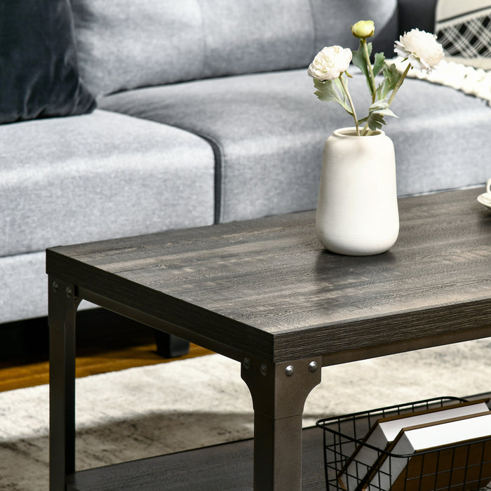 Dark Walnut Rustic Coffee Table with Thickened Top - Living Room Cocktail Table with Storage Shelf and Steel Frame - Elegant and Durable Furniture for Home Comfort