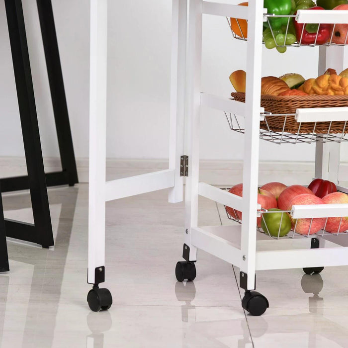 3-Tier Rolling Kitchen Trolley with Drop-Leaf Extension - White Oak Tone Cart with Baskets, Drawer, and 6 Wheels for Storage Organization - Mobile Dining Solution for Home Cooks and Small Spaces