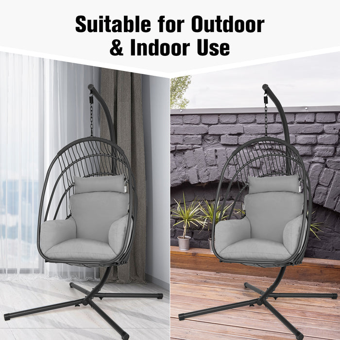 Swing Egg Chair - Comfortable Stand with Cushion, Pillow, and Foldable Seat Basket in Grey - Ideal for Relaxing and Unwinding Indoors or Outdoors