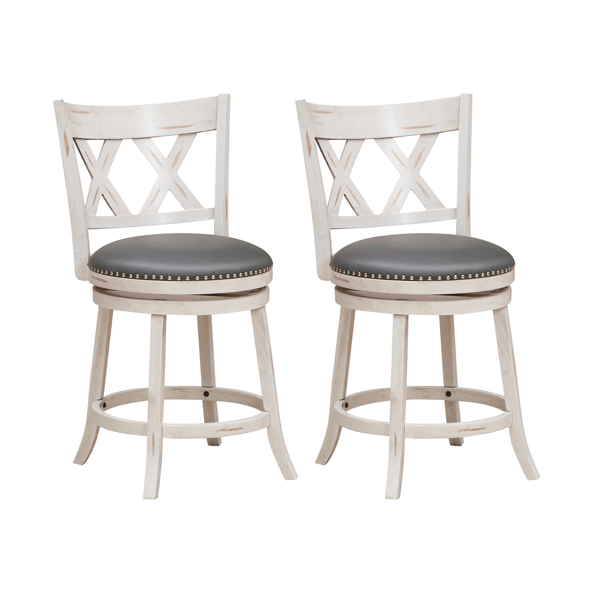 Swivel 64cm Hand-Antiqued Stools - Set of 2, Wider Padded Seat, White - Ideal for Comfortable, Vintage Style Seating Solutions