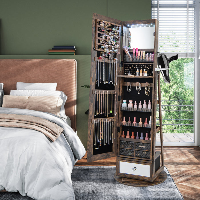 360° Swivel Lockable Armoire - Full-Length Mirror and Jewelry Cabinet - Ideal for Safe Storing and Organizing Accessories