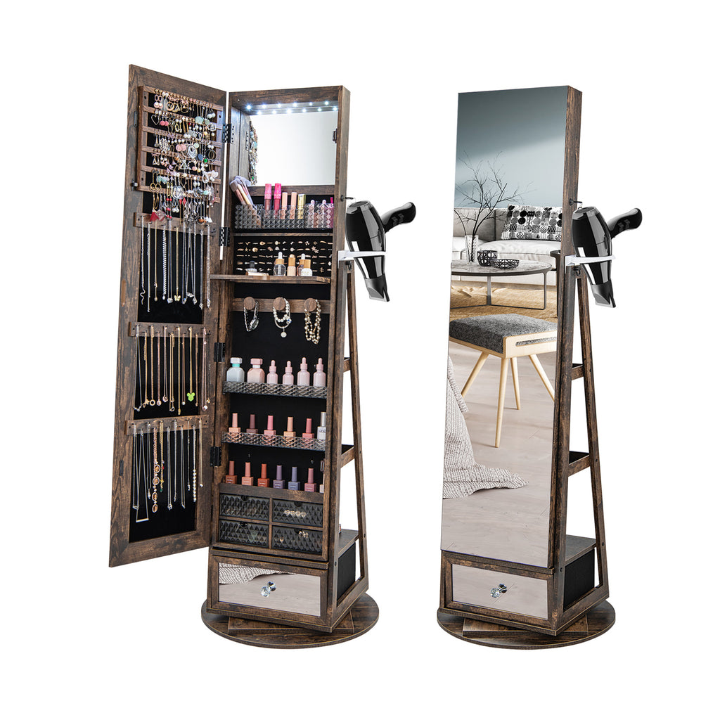 360° Swivel Lockable Armoire - Full-Length Mirror and Jewelry Cabinet - Ideal for Safe Storing and Organizing Accessories