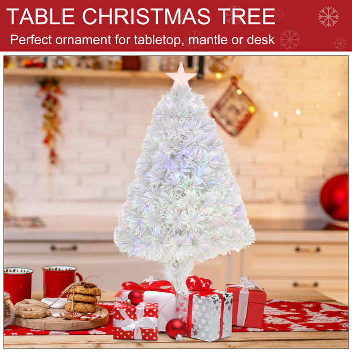 Prelit 2.5FT Artificial Tabletop Christmas Tree - Fiber Optic Lights & White Holiday Decor - Perfect for Home & Office Desk Decoration