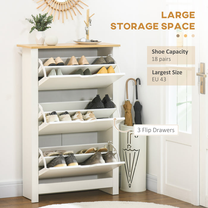 Slim Shoe Storage Cabinet - 3 Flip Drawers and Adjustable Shelves, Up to 18 Pairs - Space-Saving Organizer for Hallways, White