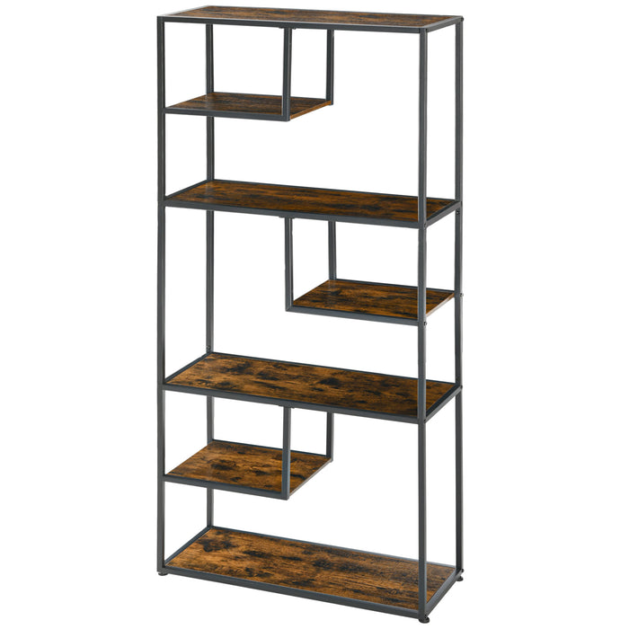 7-Tier Industrial Bookcase - Metal Shelving Unit with Rustic Brown Finish - Versatile Storage for Living Room, Home Office, and Bedroom