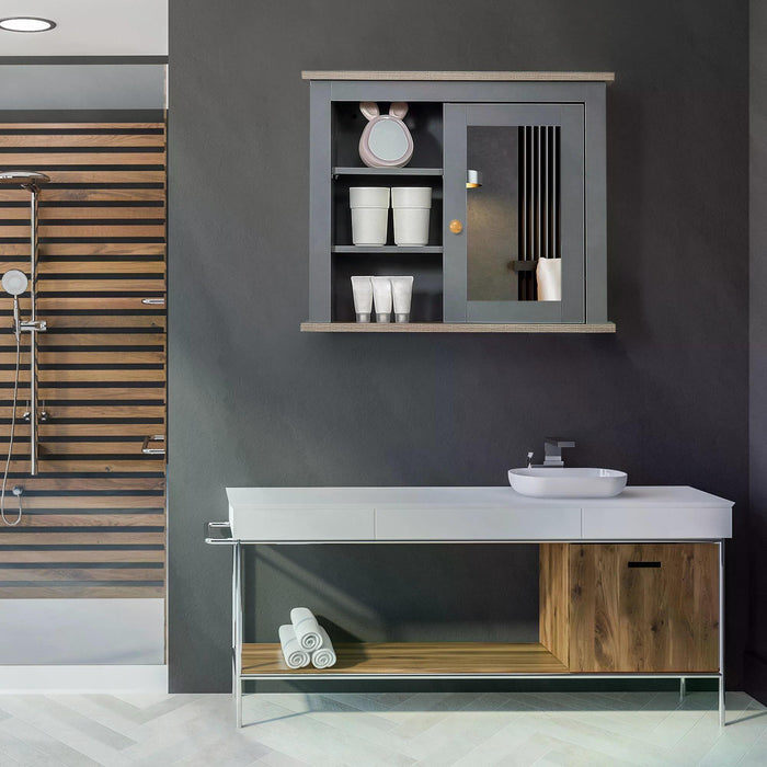 Bathroom Wall Mirror Cabinet with Door - Adjustable Shelving Storage Cupboard for Living Spaces, Grey - Ideal for Organizing Corridor & Room Essentials