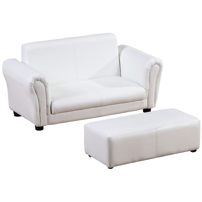 Kids Twin Sofa with Footstool - 2-Seater Toddler Chair for Children, Double Seat Armchair, Boys and Girls Lounge Furniture - White Couch Perfect for Sibling Sharing and Playrooms