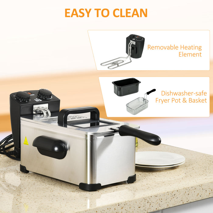 2000W Stainless Steel Deep Fat Fryer - 3L Capacity with Adjustable Temperature, 60-Min Timer & Viewing Window - Ideal for Homemade Crispy Foods with Safety Cut-Out Feature